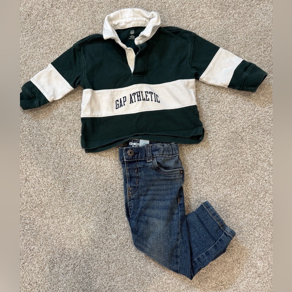 GAP Green & White Rugby Shirt & osh kosh b’gosh Blue Jeans 12-18m preppy trendy - Picture 2 of 8